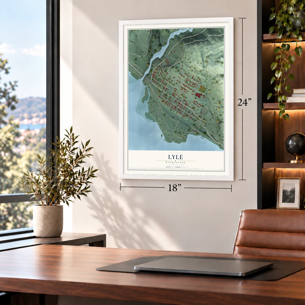 Lyle, Washington map, 18 x 24 inch print in a white frame in a home office