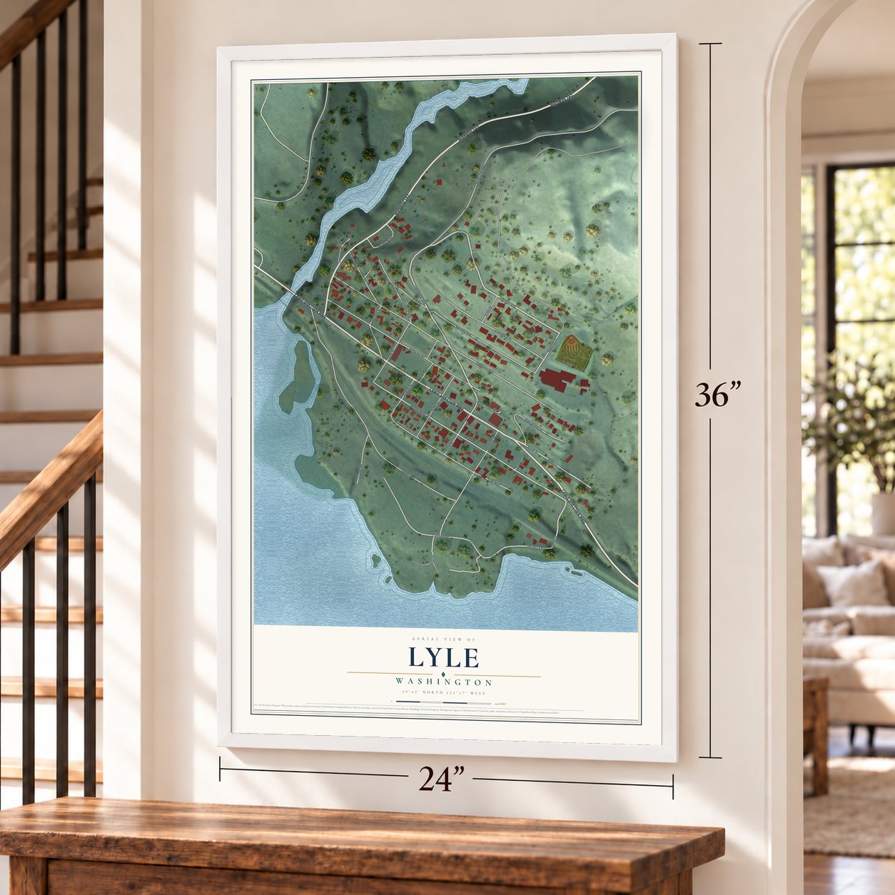 Lyle, Washington map, 24 x 36 inch print in a white frame by a staircase