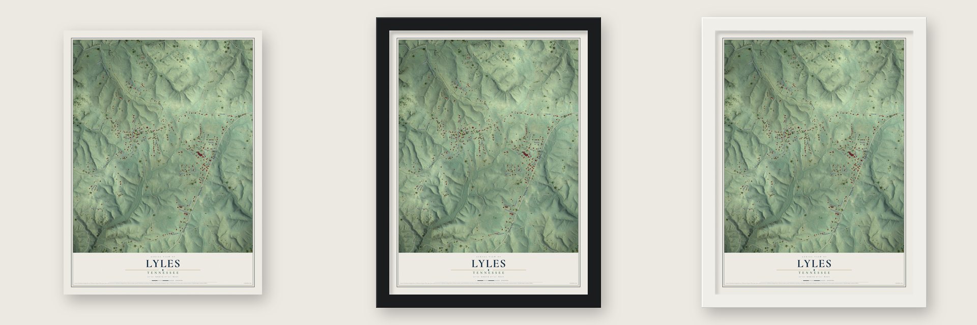 Lyles, Tennessee map unframed, in a black wood frame and in a white wood frame