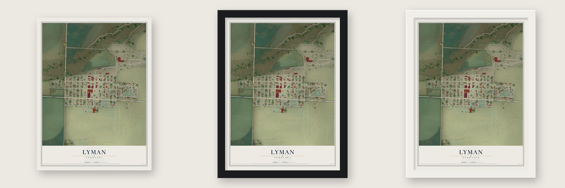 Lyman, Nebraska map unframed, in a black wood frame and in a white wood frame