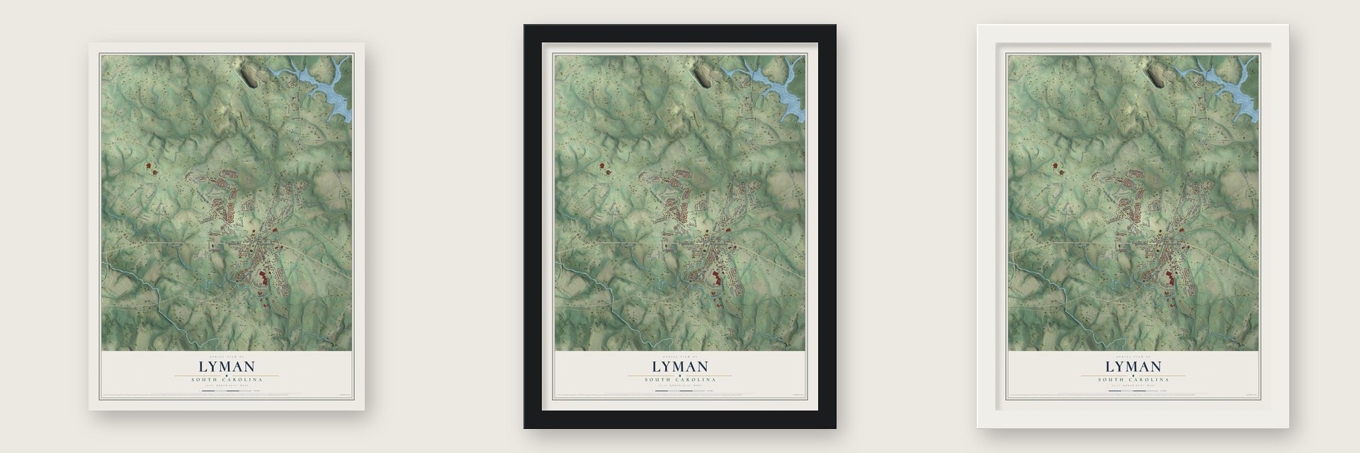 Lyman, South Carolina map unframed, in a black wood frame and in a white wood frame