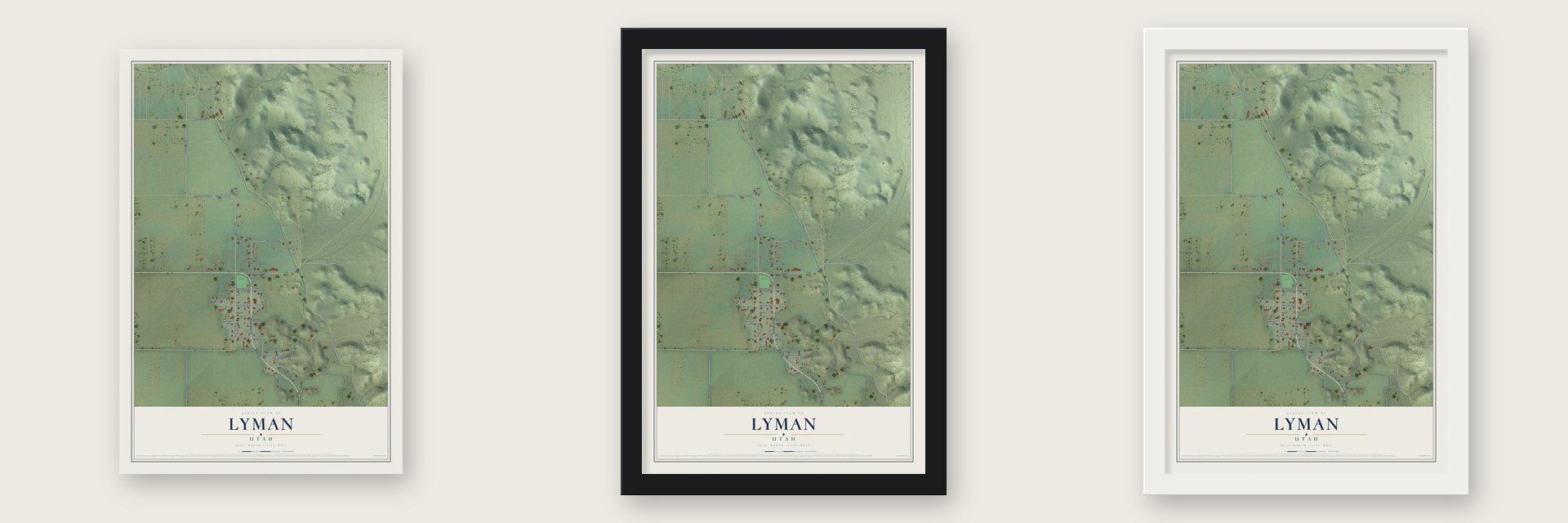 Lyman, Utah map unframed, in a black wood frame and in a white wood frame