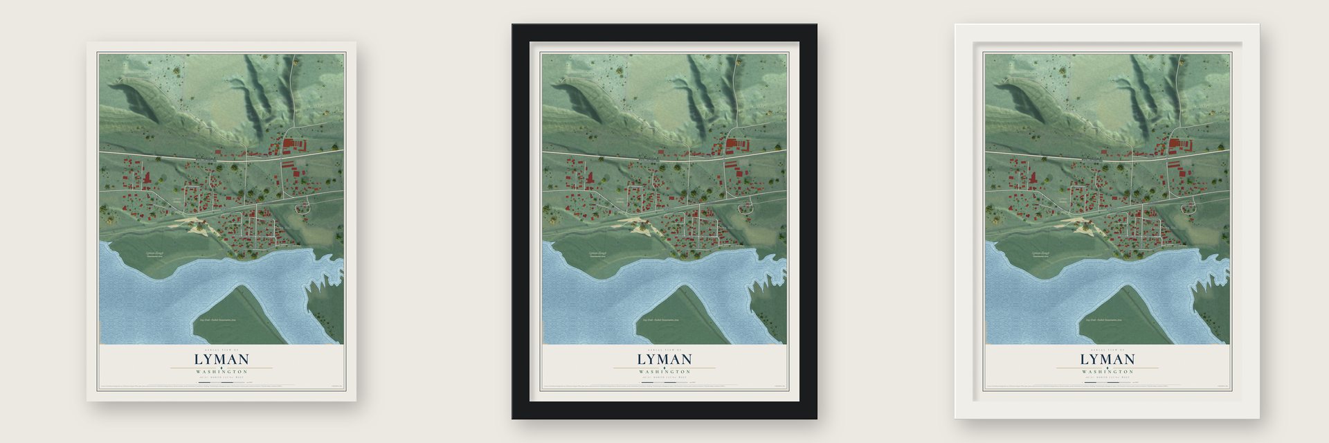 Lyman, Washington map unframed, in a black wood frame and in a white wood frame