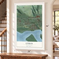 Lyman, Washington map, 24 x 36 inch print in a white frame by a staircase