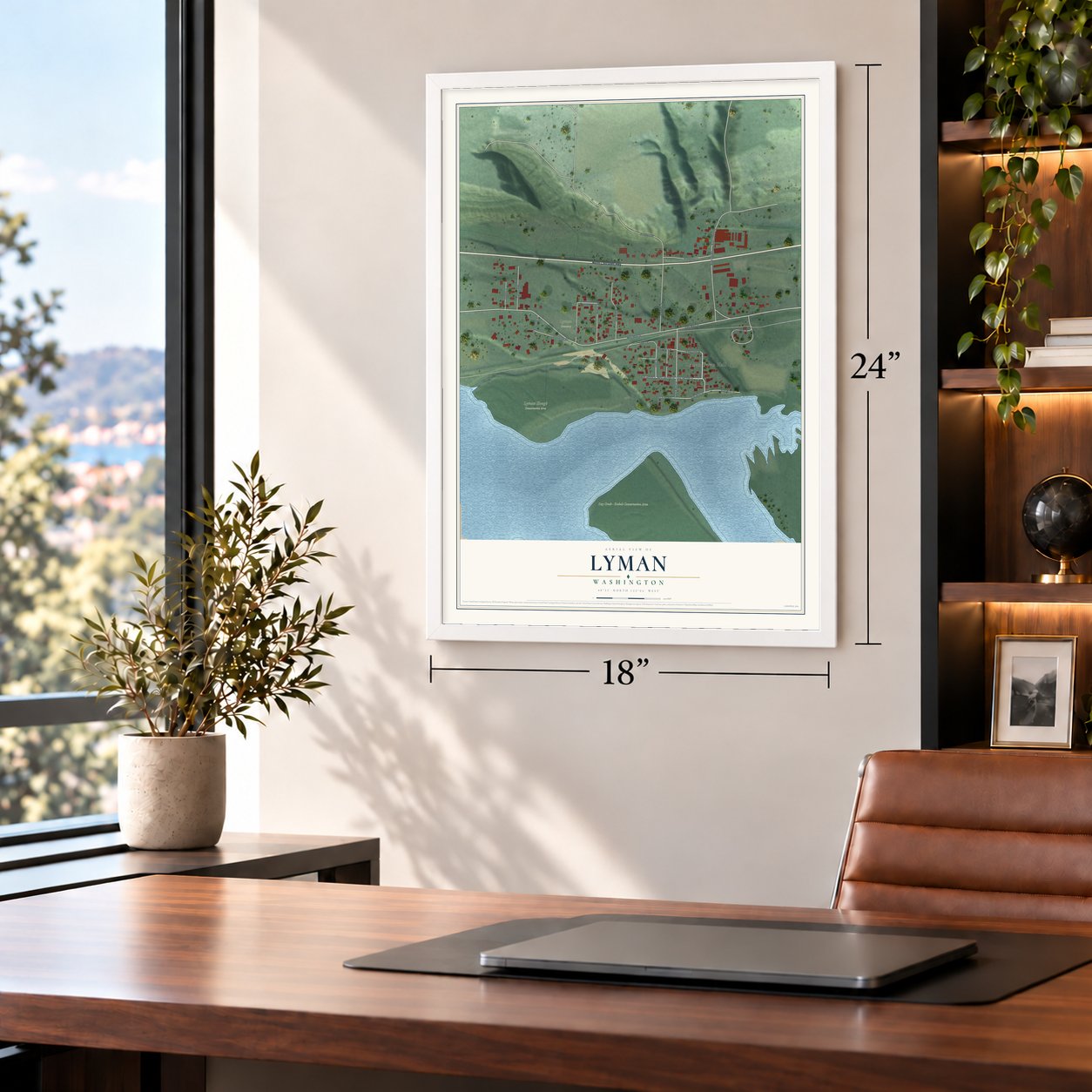 Lyman, Washington map, 18 x 24 inch print in a white frame in a home office