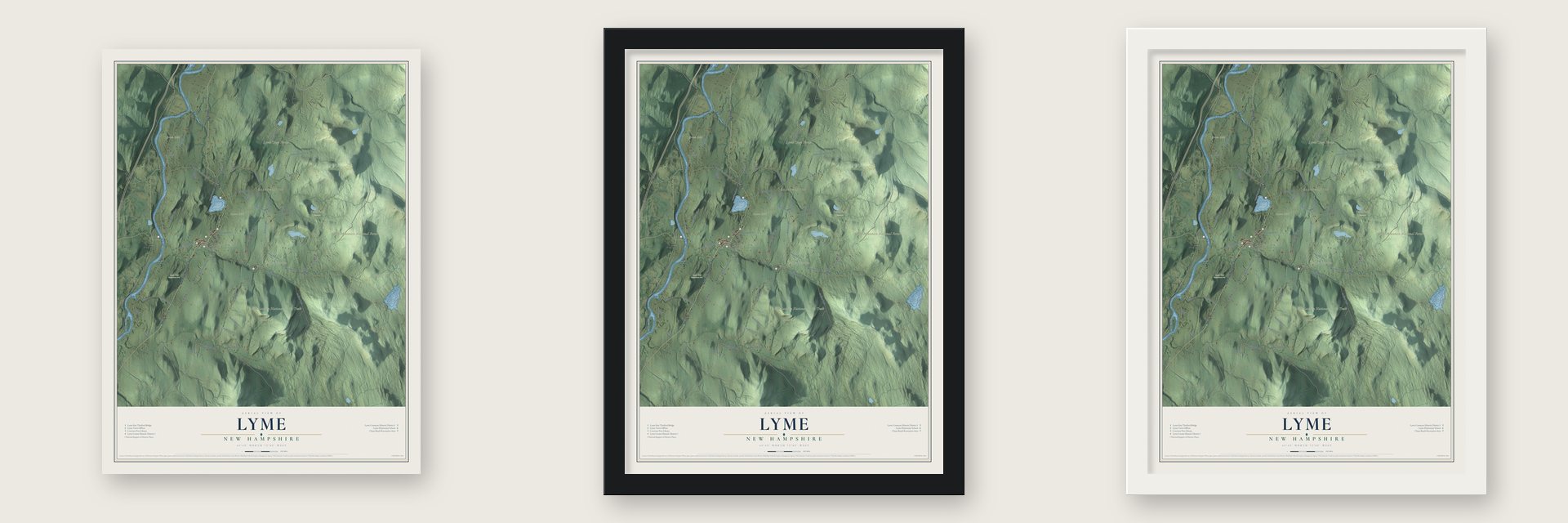 Lyme, New Hampshire map unframed, in a black wood frame and in a white wood frame