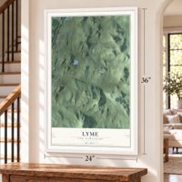 Lyme, New Hampshire map, 24 x 36 inch print in a white frame by a staircase