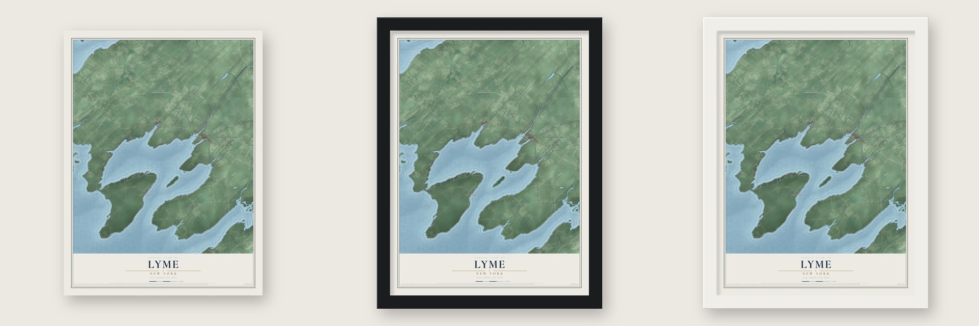 Lyme, New York map unframed, in a black wood frame and in a white wood frame