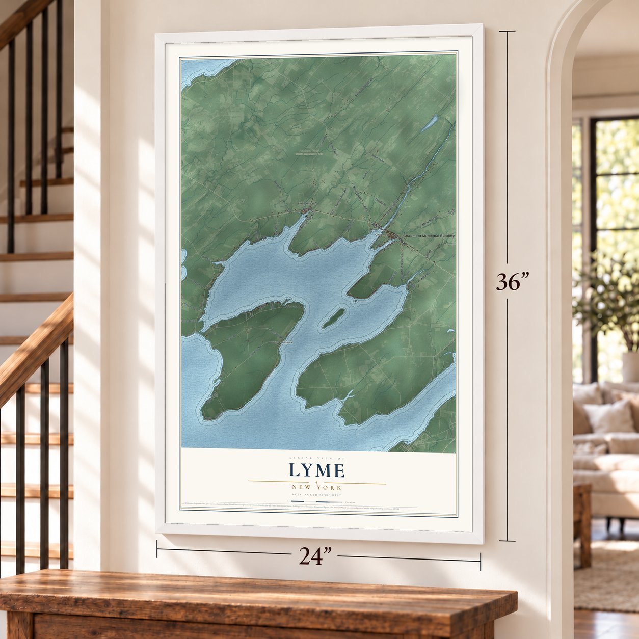 Lyme, New York map, 24 x 36 inch print in a white frame by a staircase