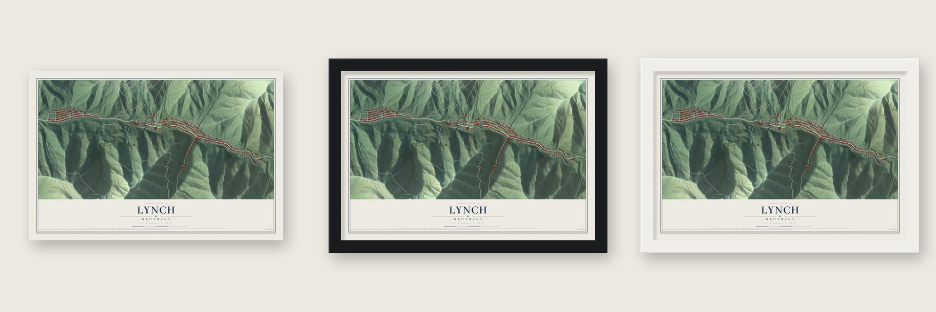 Lynch, Kentucky map unframed, in a black wood frame and in a white wood frame