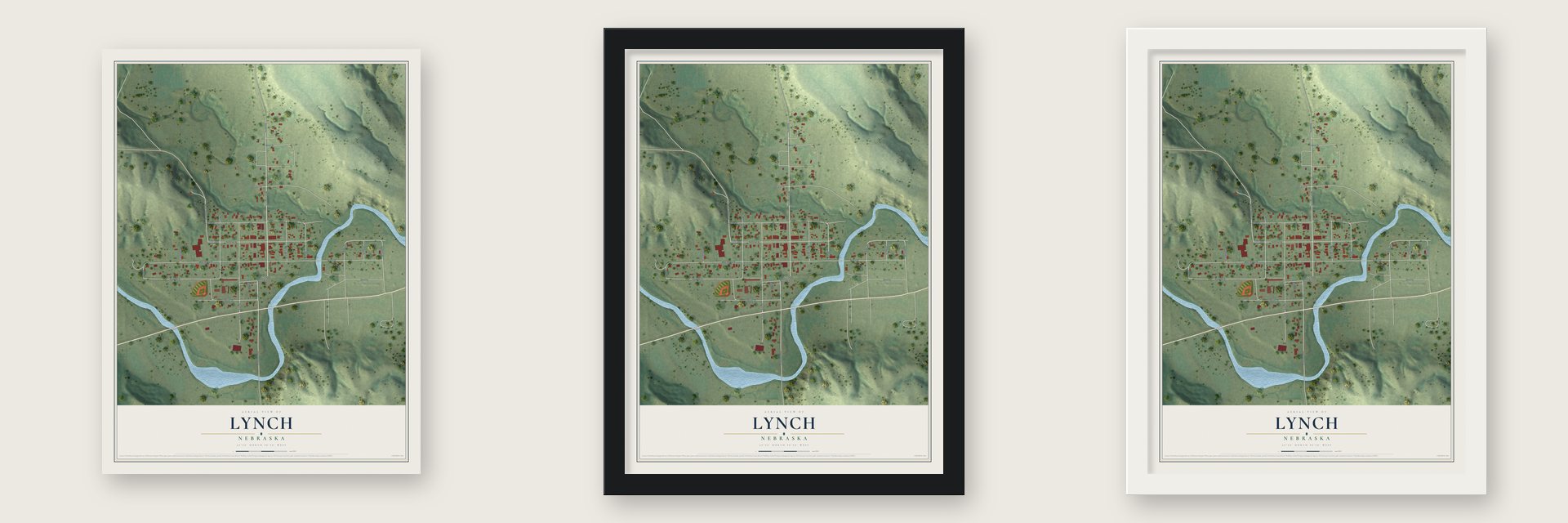 Lynch, Nebraska map unframed, in a black wood frame and in a white wood frame