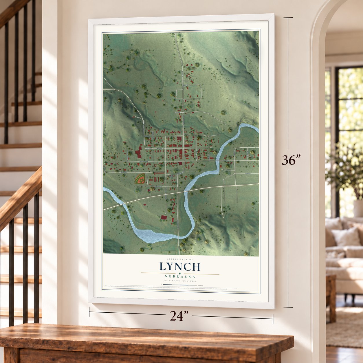 Lynch, Nebraska map, 24 x 36 inch print in a white frame by a staircase