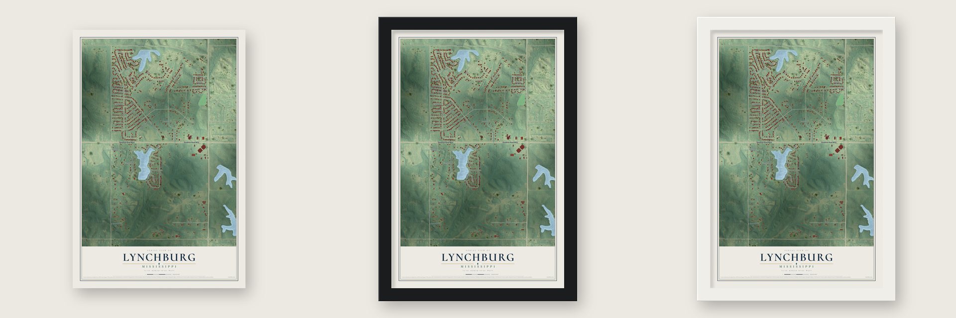 Lynchburg, Mississippi map unframed, in a black wood frame and in a white wood frame