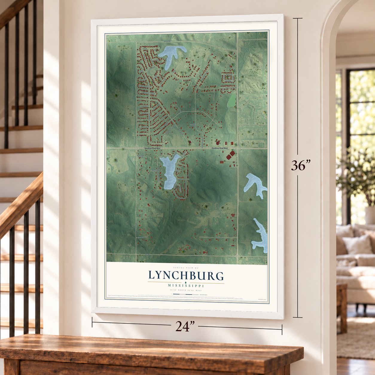 Lynchburg, Mississippi map, 24 x 36 inch print in a white frame by a staircase