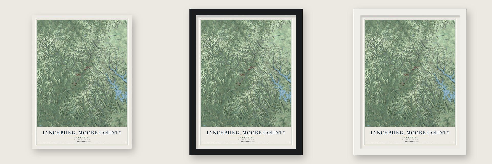 Lynchburg, Moore County, Tennessee map unframed, in a black wood frame and in a white wood frame