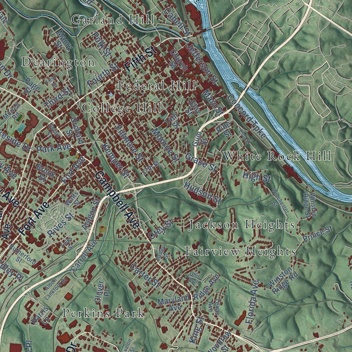 Second close-up of the map of Lynchburg, Virginia print showing more streets and buildings