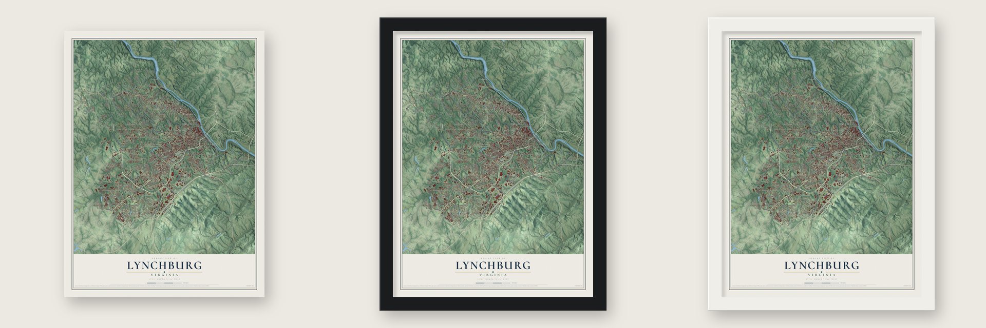 Lynchburg, Virginia map unframed, in a black wood frame and in a white wood frame