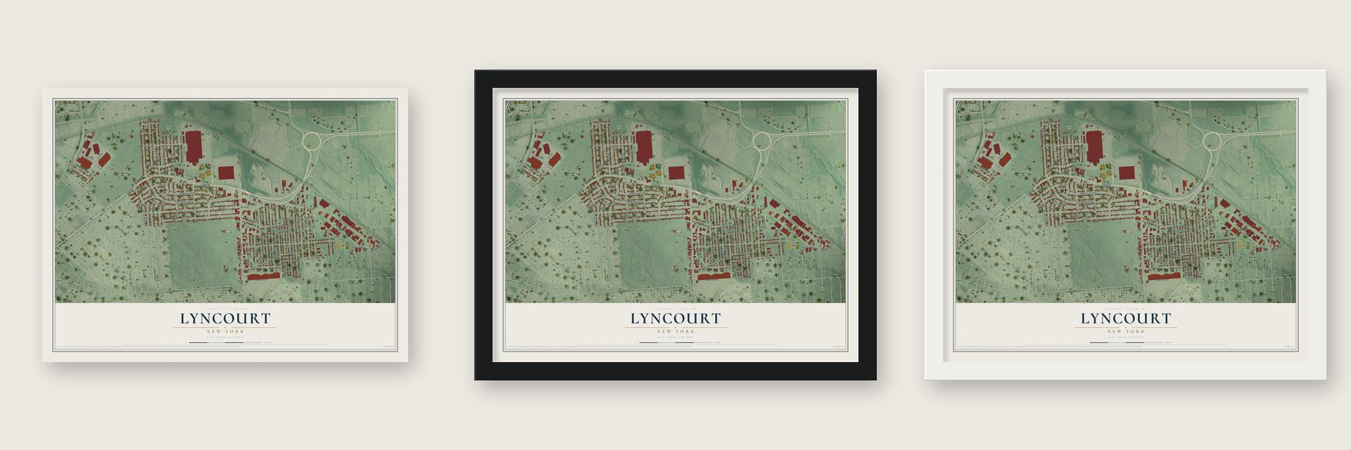 Lyncourt, New York map unframed, in a black wood frame and in a white wood frame