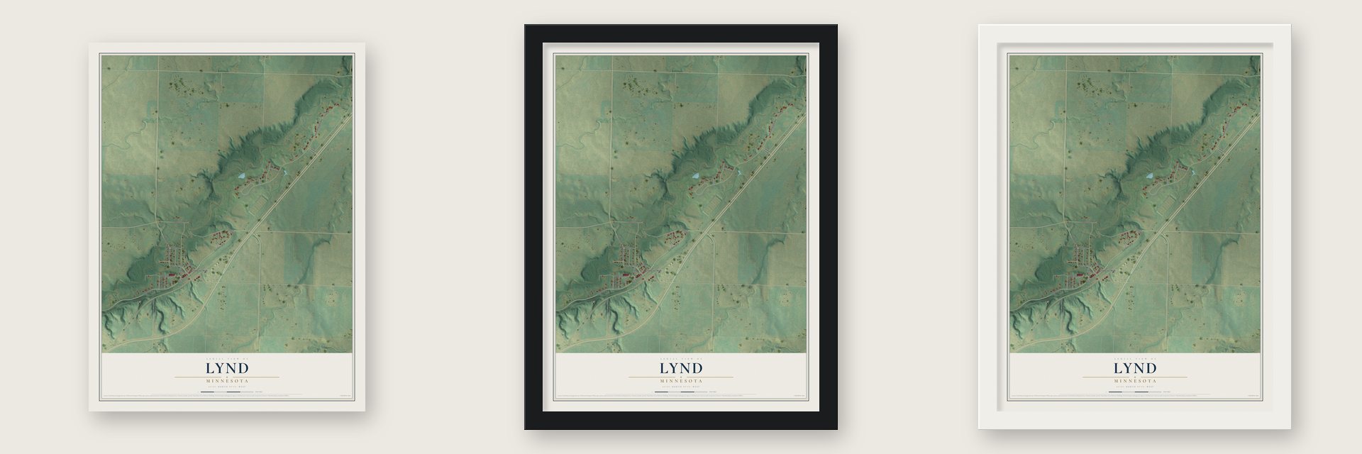 Lynd, Minnesota map unframed, in a black wood frame and in a white wood frame