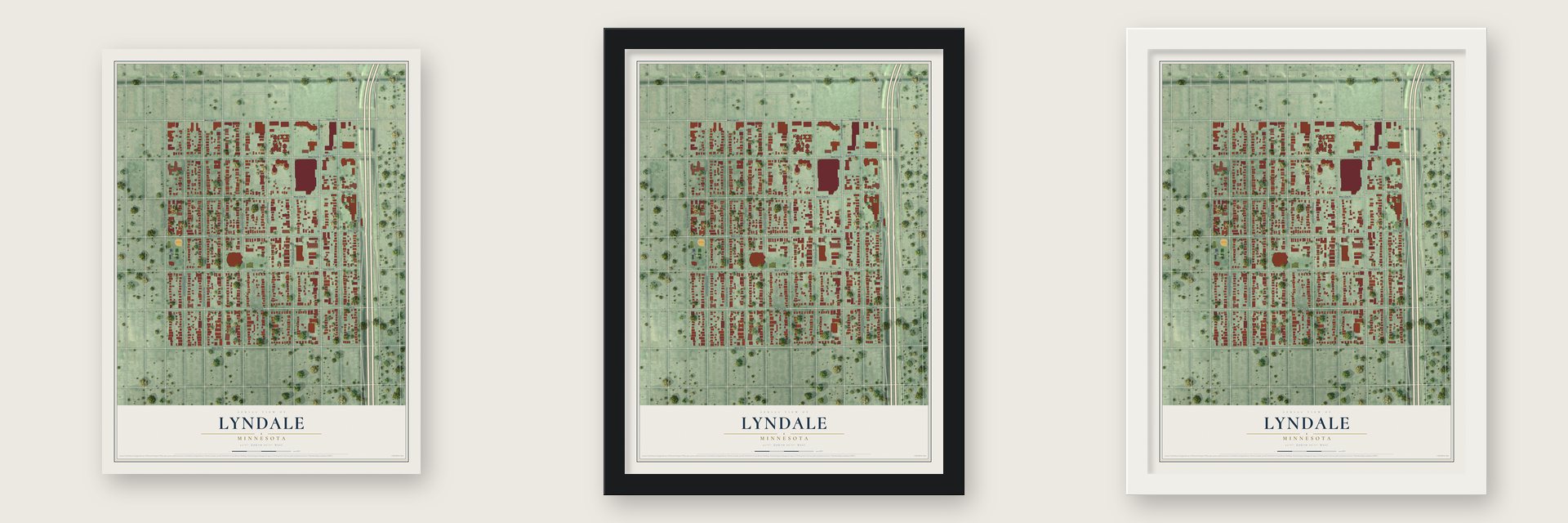 Lyndale, Minnesota map unframed, in a black wood frame and in a white wood frame