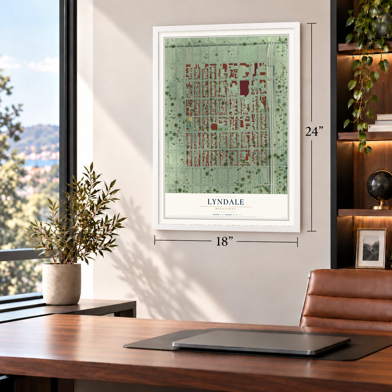 Lyndale, Minnesota map, 18 x 24 inch print in a white frame in a home office