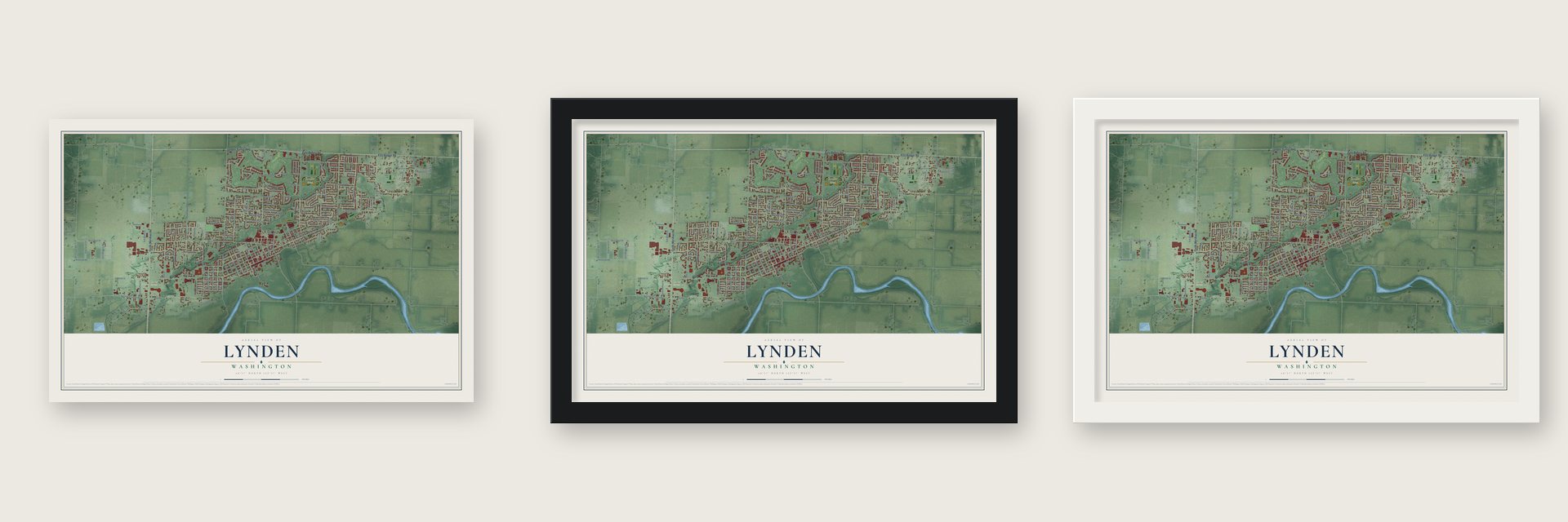 Lynden, Washington map unframed, in a black wood frame and in a white wood frame