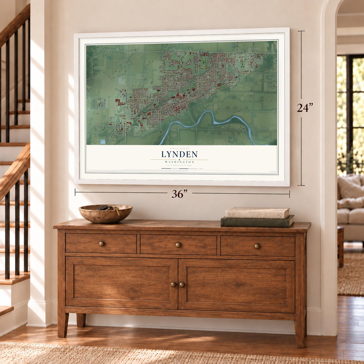 Lynden, Washington map, 24 x 36 inch print in a white frame above a dresser by a staircase