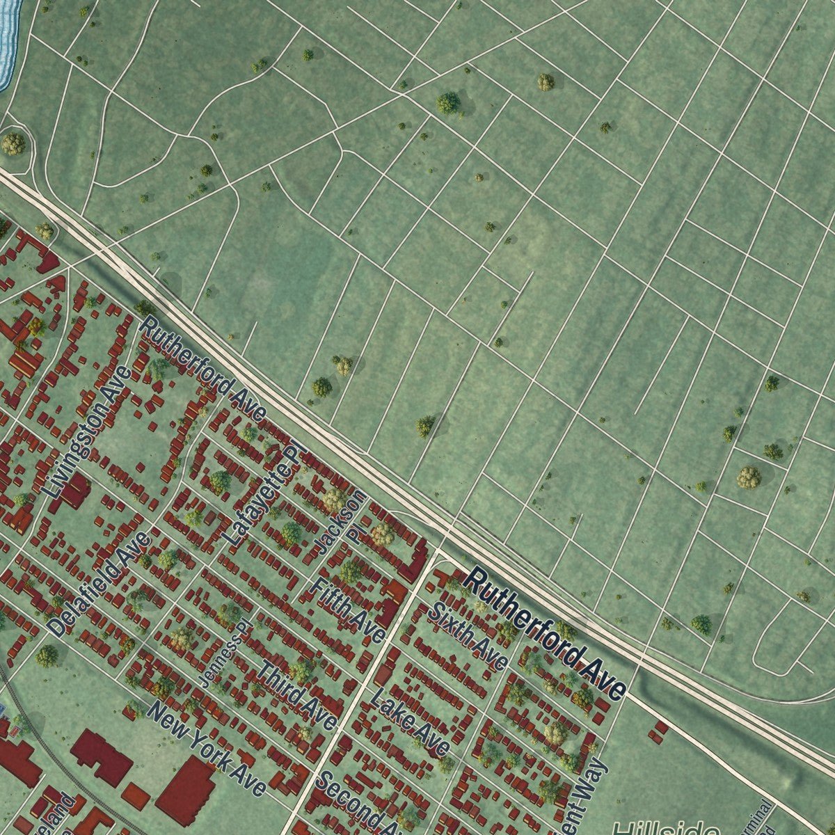Second close-up of the map of Lyndhurst, New Jersey print showing more streets and buildings