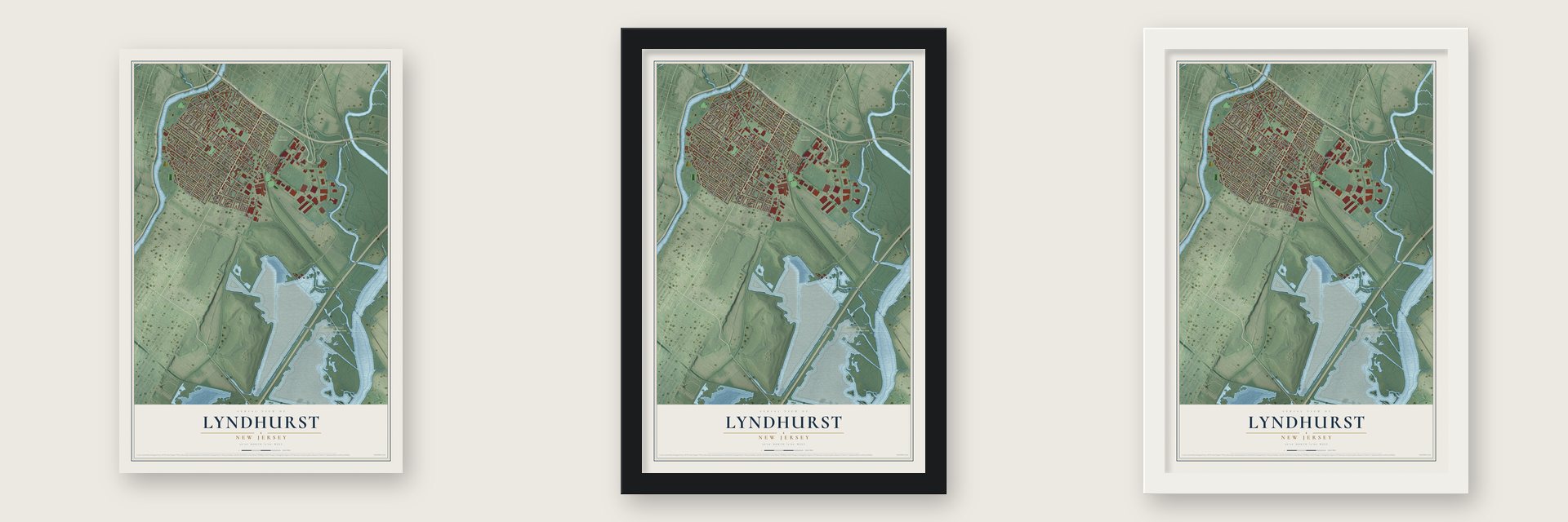 Lyndhurst, New Jersey map unframed, in a black wood frame and in a white wood frame