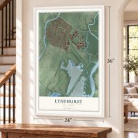 Lyndhurst, New Jersey map, 24 x 36 inch print in a white frame by a staircase
