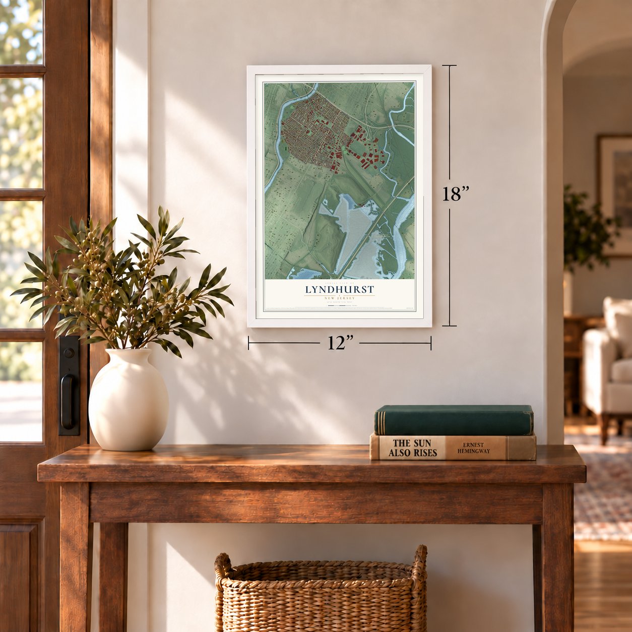 Lyndhurst, New Jersey map, 12 x 18 inch print in a white frame in an entryway