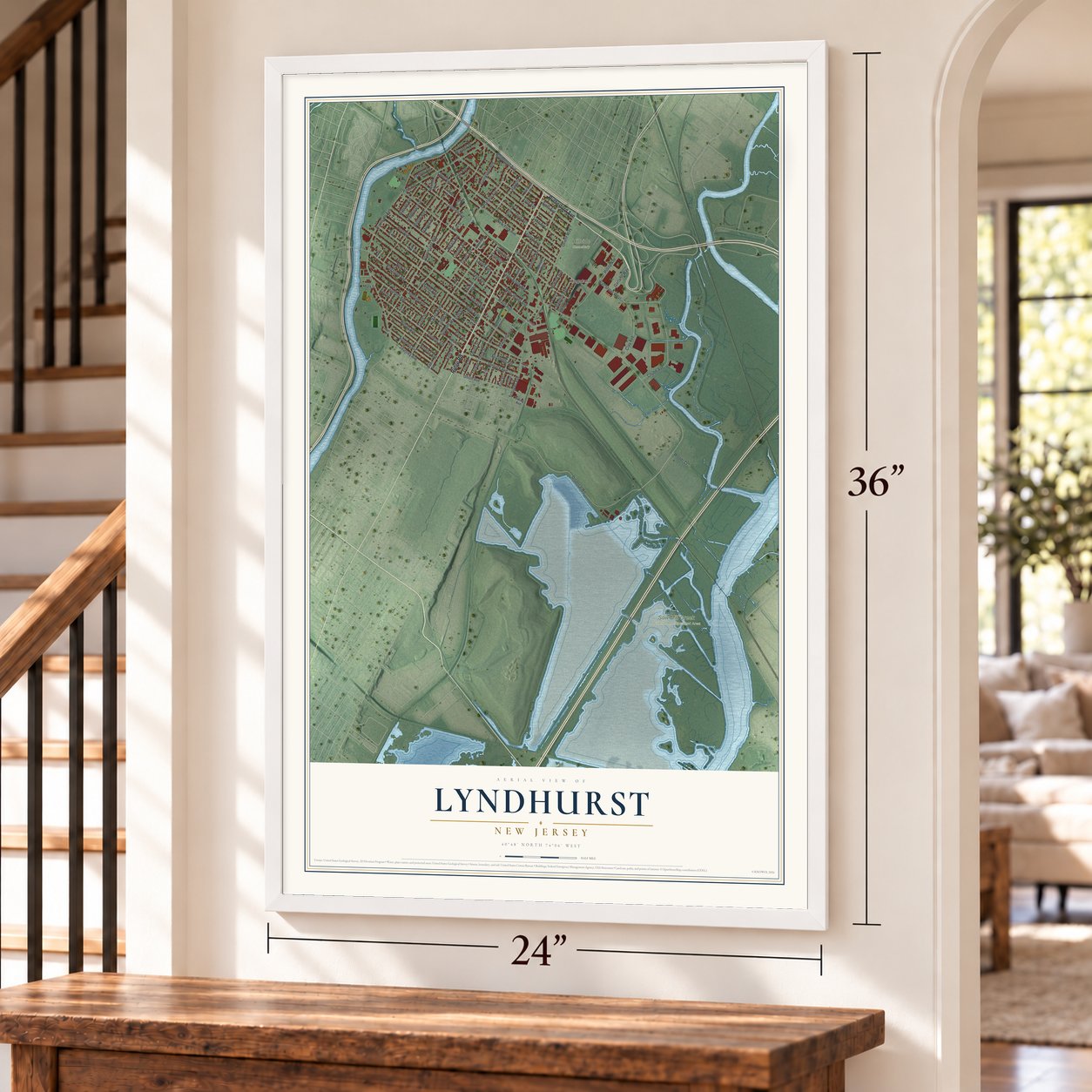 Lyndhurst, New Jersey map, 24 x 36 inch print in a white frame by a staircase