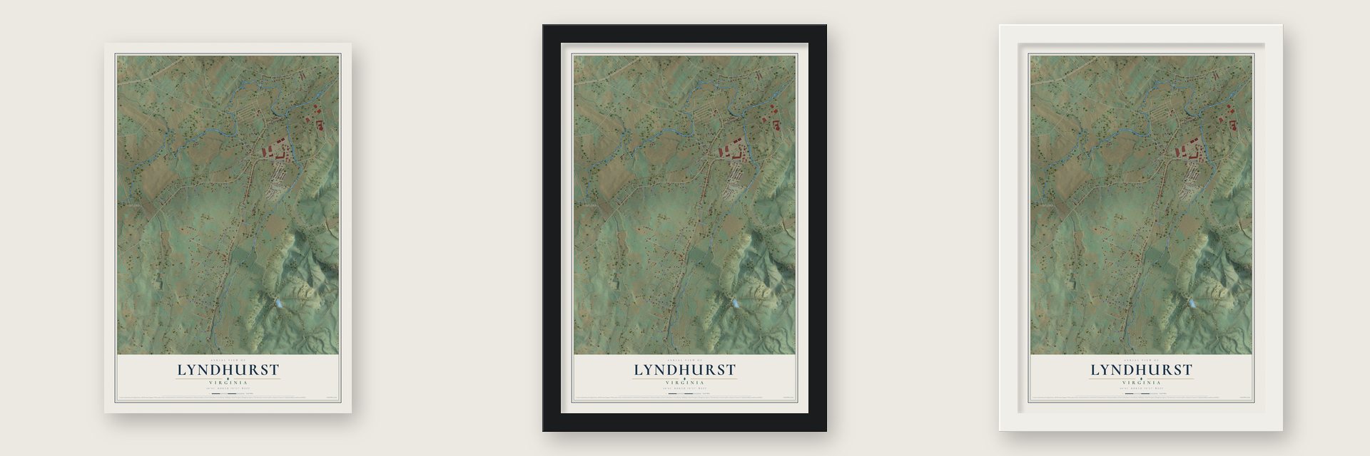Lyndhurst, Virginia map unframed, in a black wood frame and in a white wood frame