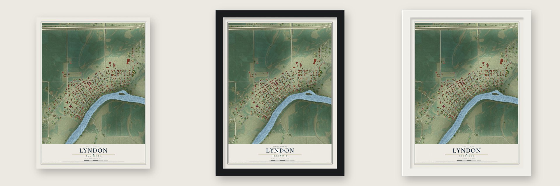 Lyndon, Illinois map unframed, in a black wood frame and in a white wood frame