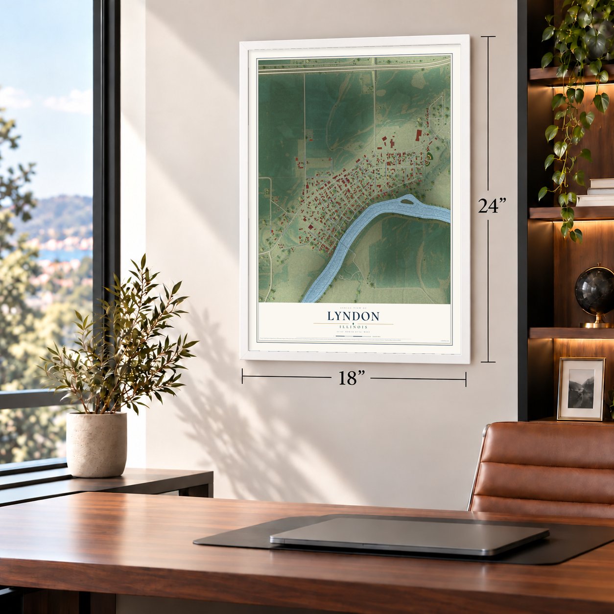 Lyndon, Illinois map, 18 x 24 inch print in a white frame in a home office