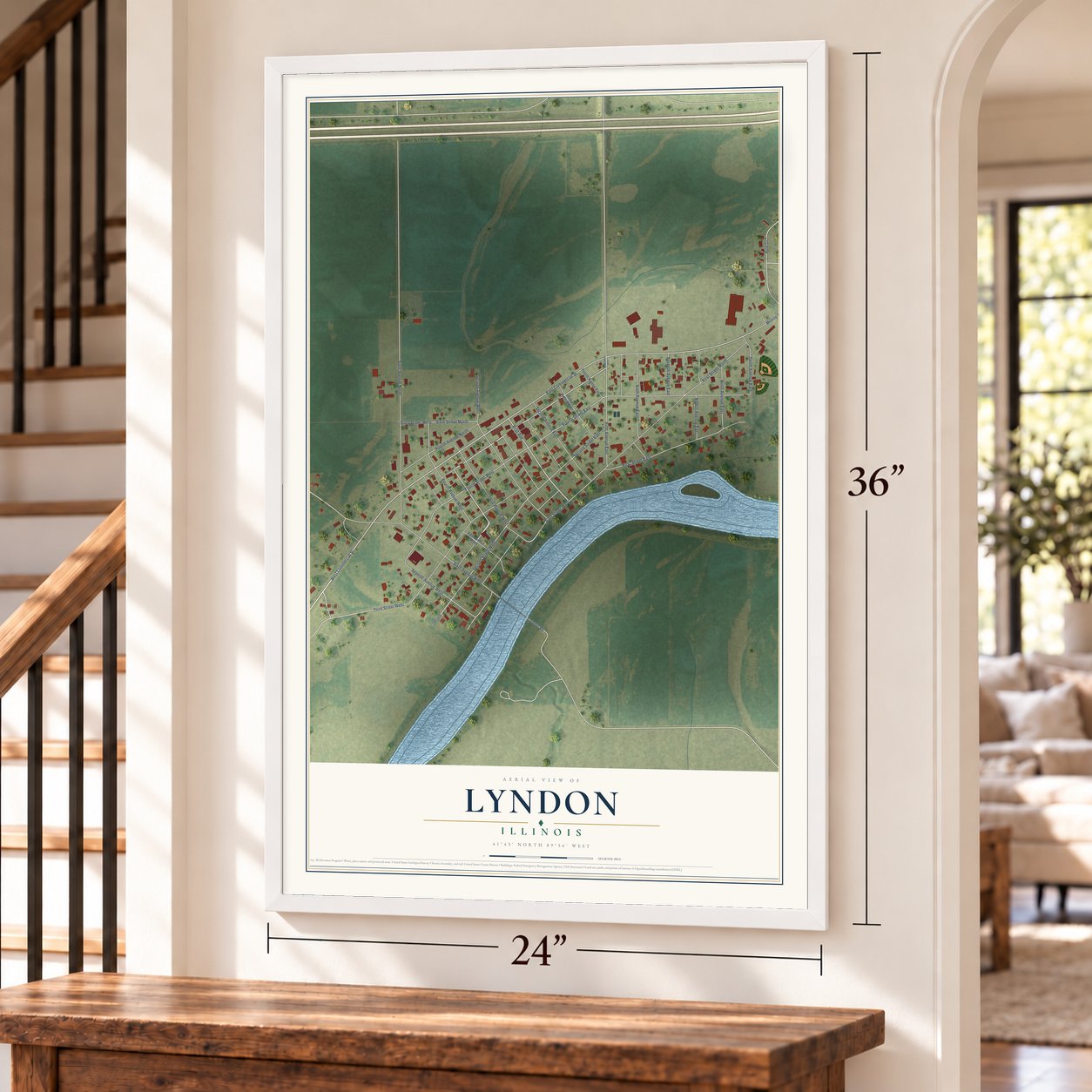 Lyndon, Illinois map, 24 x 36 inch print in a white frame by a staircase