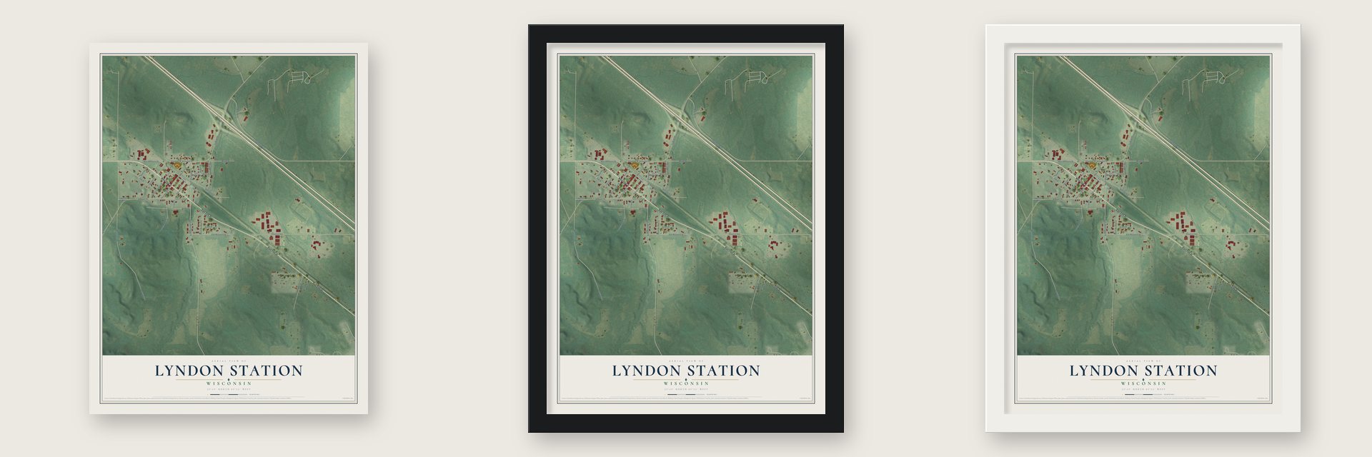 Lyndon Station, Wisconsin map unframed, in a black wood frame and in a white wood frame