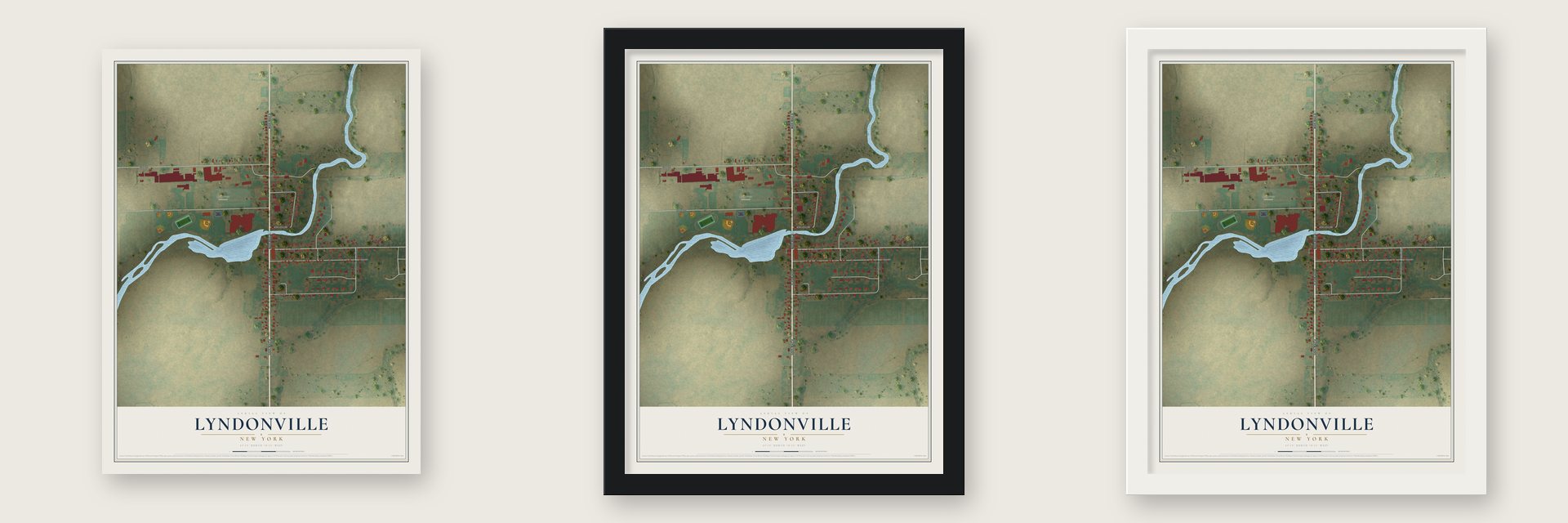 Lyndonville, New York map unframed, in a black wood frame and in a white wood frame