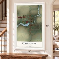 Lyndonville, New York map, 24 x 36 inch print in a white frame by a staircase
