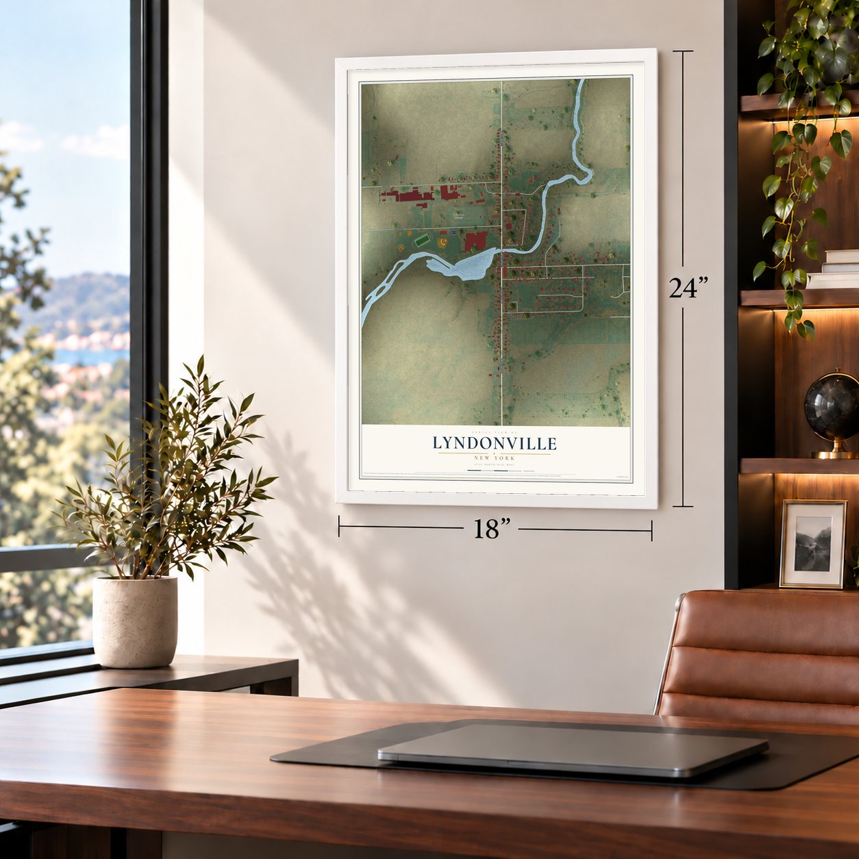 Lyndonville, New York map, 18 x 24 inch print in a white frame in a home office