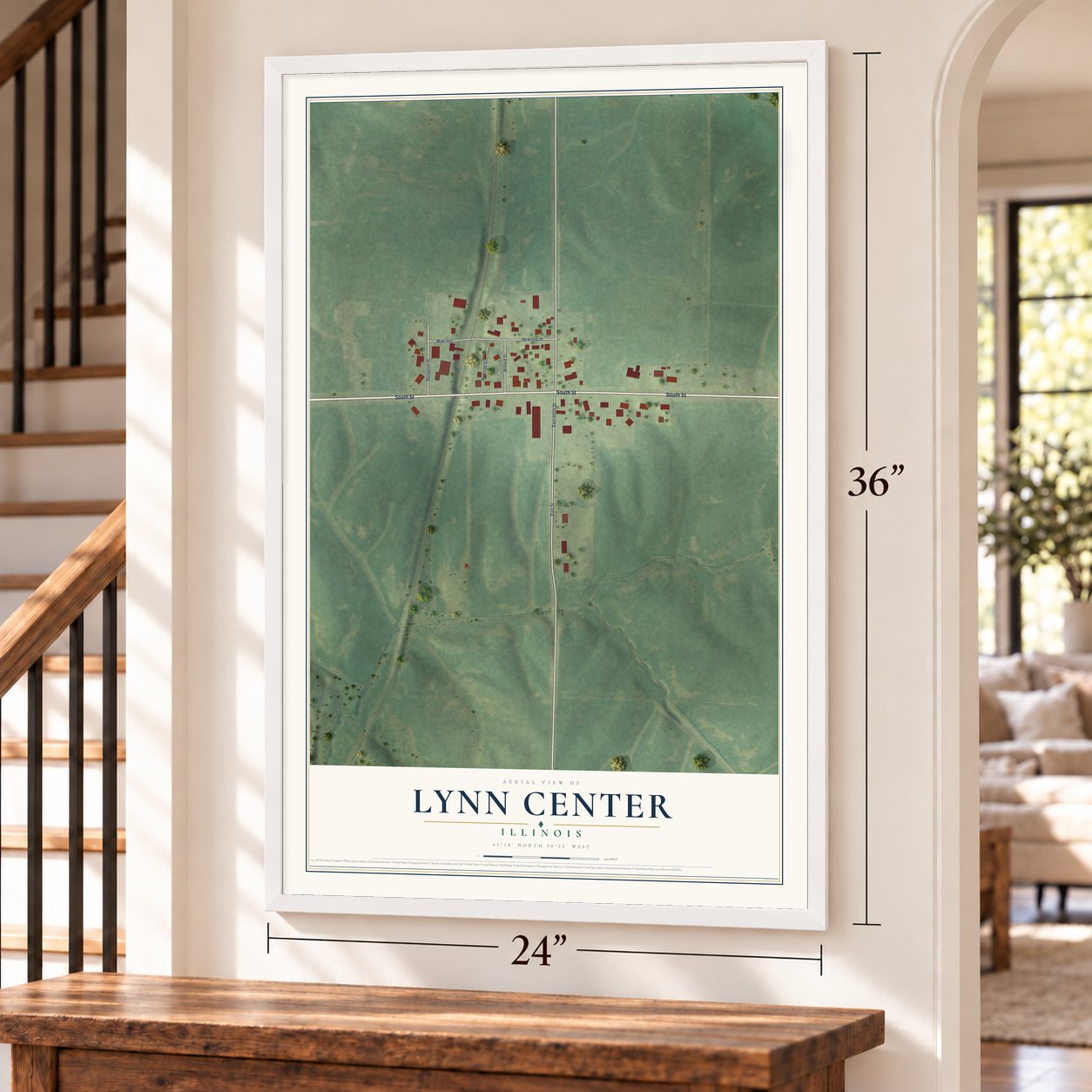 Lynn Center, Illinois map, 24 x 36 inch print in a white frame by a staircase