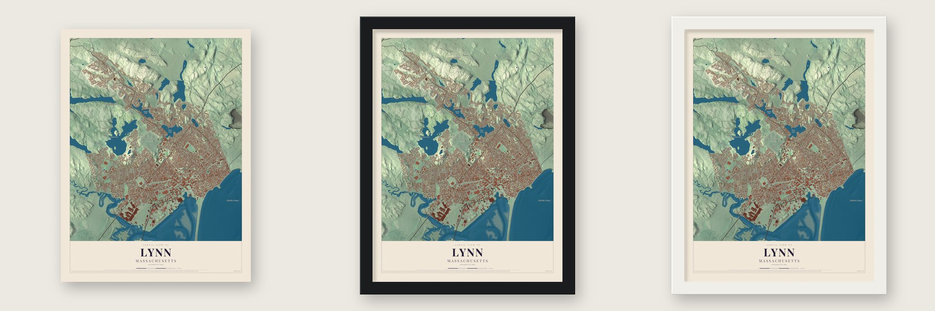 Lynn, Massachusetts map unframed, in a black wood frame and in a white wood frame