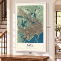 Lynn, Massachusetts map, 24 x 36 inch print in a white frame by a staircase