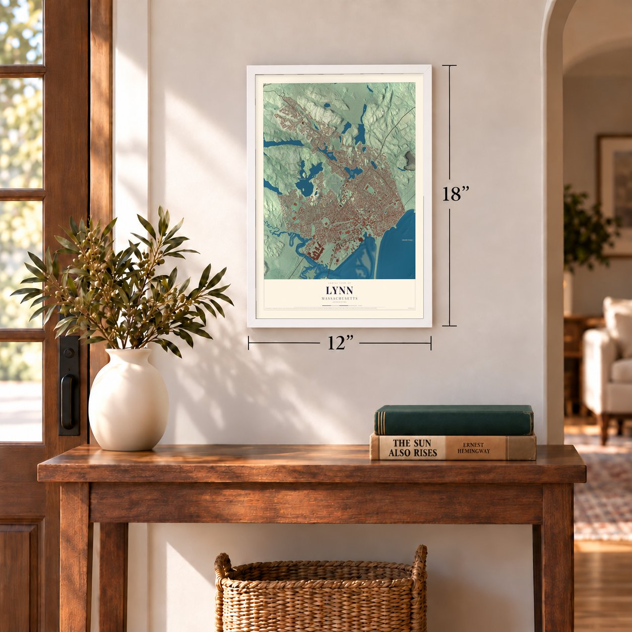 Lynn, Massachusetts map, 12 x 18 inch print in a white frame in an entryway