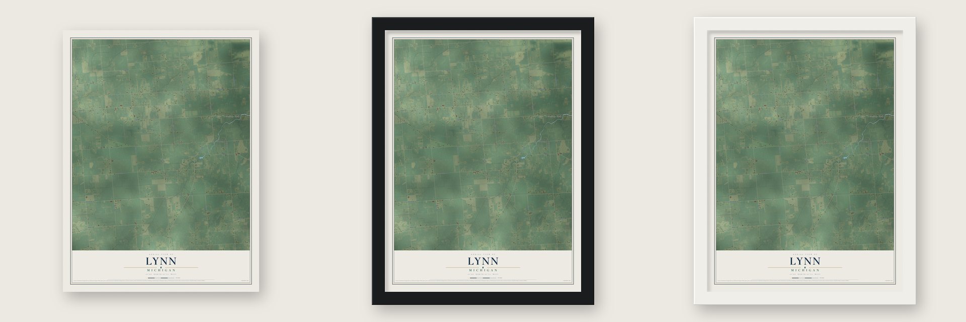 Lynn, Michigan map unframed, in a black wood frame and in a white wood frame