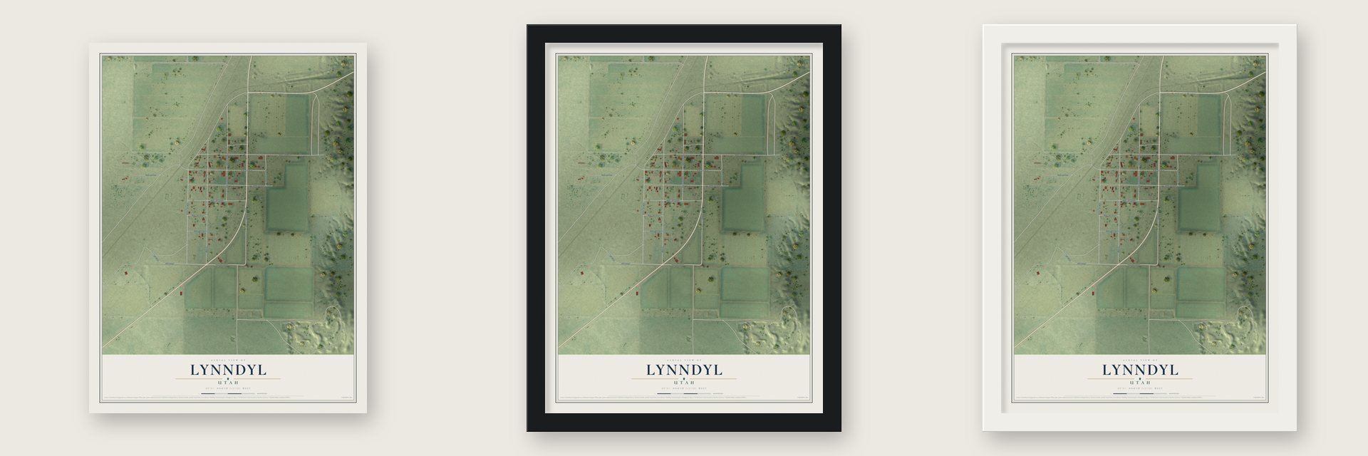 Lynndyl, Utah map unframed, in a black wood frame and in a white wood frame