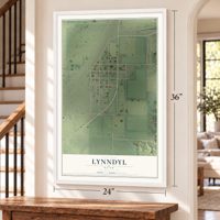 Lynndyl, Utah map, 24 x 36 inch print in a white frame by a staircase