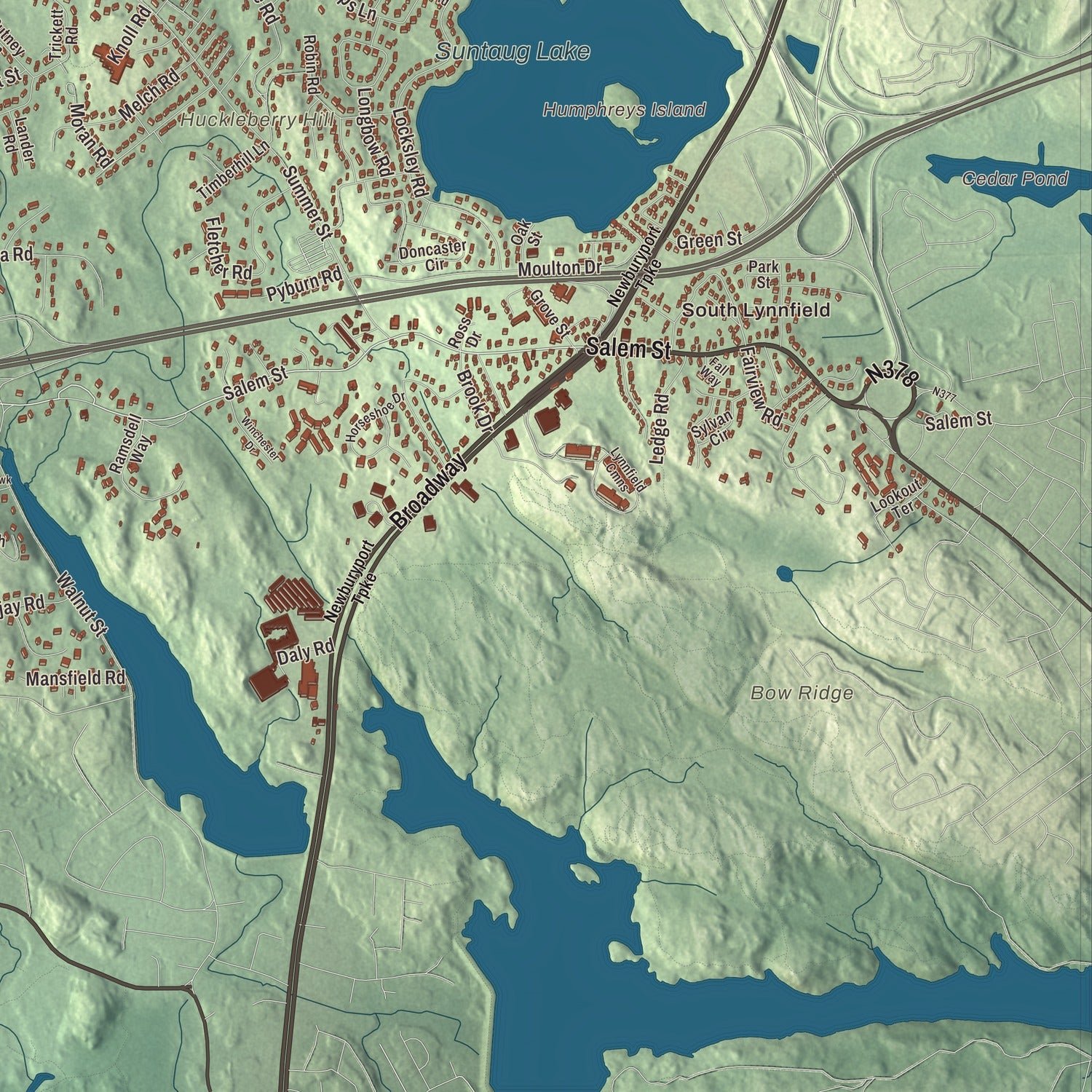 Close-up of the map of Lynnfield, Massachusetts print showing terrain and local geography