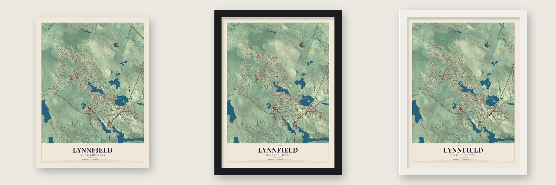 Lynnfield, Massachusetts map unframed, in a black wood frame and in a white wood frame