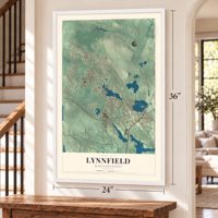 Lynnfield, Massachusetts map, 24 x 36 inch print in a white frame by a staircase